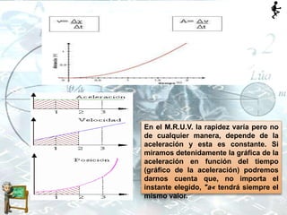 En el M.R.U.V. la rapidez varía pero no
de cualquier manera, depende de la
aceleración y esta es constante. Si
miramos detenidamente la gráfica de la
aceleración en función del tiempo
(gráfico de la aceleración) podremos
darnos cuenta que, no importa el
instante elegido, "a« tendrá siempre el
mismo valor.
 