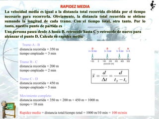 Una persona pasea desde A hasta B, retrocede hasta C y retrocede de nuevo para
alcanzar el punto D. Calcula su rapidez media
RAPIDEZ MEDIA
La velocidad media es igual a la distancia total recorrida dividida por el tiempo
necesario para recorrerla. Obviamente, la distancia total recorrida se obtiene
sumando la longitud de cada tramo. Con el tiempo total, otro tanto. Por lo
tanto, nuestro punto de partida es
Tramo A - B
distancia recorrida = 350 m
tiempo empleado = 3 min
Tramo B - C
distancia recorrida = 200 m
tiempo empleado = 2 min
Tramo C - D
distancia recorrida = 450 m
tiempo empleado = 5 min
Movimiento completo
distancia recorrida = 350 m + 200 m + 450 m = 1000 m
tiempo = 10 min
Rapidez media = distancia total/tiempo total = 1000 m/10 min = 100 m/min
12 tt
d
t
d
s
 