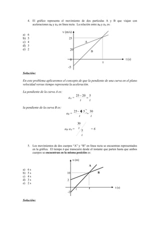 4. El gráfico representa el movimiento de dos partículas A y B que viajan con
aceleraciones aB y aA en línea recta. La relación entre aB y aA es:
a) 6
b) 5 25
c) 4
d) 3
e) 2
Solución:
En este problema aplicaremos el concepto de que la pendiente de una curva en el plano
velocidad versus tiempo representa la aceleración.
La pendiente de la curva A es:
aA =
tt
52025
la pendiente de la curva B es:
aB =
tt
30525
aB/ aA =
t
t
5
30
= 6
5. Los movimientos de dos cuerpos “A” y “B” en línea recta se encuentran representados
en la gráfica. El tiempo t que transcurre desde el instante que parten hasta que ambos
cuerpos se encuentran en la misma posición es:
a) 6 s
b) 5 s 10
c) 4 s
d) 3 s
e) 2 s
Solución:
20
A
v (m/s)
t
B
0
-5
t (s)
2
t1
-2
x (m)
t (s)
A
B
 