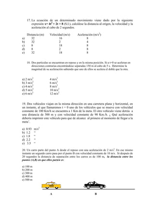 17. La ecuación de un determinado movimiento viene dado por la siguiente
expresión x= 4t2
+ 2t + 8 (S.I.), calcúlese la distancia al origen, la velocidad y la
aceleración al cabo de 2 segundos.
Distancia (m) Velocidad (m/s) Aceleración (m/s2
)
a) 32 16 8
b) 32 2 4
c) 8 18 8
d) 8 2 8
e) 32 18 8
18. Dos partículas se encuentran en reposo y en la misma posición. Si a t=0 se aceleran en
direcciones contrarias encontrándose separadas 150 m al cabo de 5 s. Determine la
magnitud de su aceleración sabiendo que uno de ellos se acelera el doble que la otra.
a) 2 m/s2
4 m/s2
b) 3 m/s2
6 m/s2
c) 4 m/s2
8 m/s2
d) 5 m/s2
10 m/s2
e) 6 m/s2
12 m/s2
19. Dos vehículos viajan en la misma dirección en una carretera plana y horizontal, en
un instante, al que llamaremos t = 0 uno de los vehículos que se mueve con velocidad
constante de 100 Km/h se encuentra a 1 Km de la meta. El otro vehículo viene detrás a
una distancia de 500 m y con velocidad constante de 90 Km./h. ¿ Qué aceleración
debería imprimir este vehículo para que de alcance al primero al momento de llegar a la
meta’.
a) 0.93 m/s2
b) 1.2 “
c) 1.8 “
d) 2.2 “
e) 3.5 “
20. Un carro parte del punto A desde el reposo con una aceleración de 2 m/s2
. En ese mismo
instante un segundo carro pasa por el punto B con velocidad constante de 10 m/s. Si después de
20 segundos la distancia de separación entre los carros es de 100 m, la distancia entre los
puntos (A,B) en que ellos parten es:
a) 100 m
b) 200 m
c) 300 m
d) 400 m
e) 500 m
A B
 