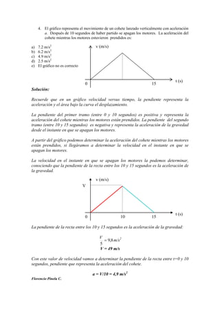 4. El gráfico representa el movimiento de un cohete lanzado verticalmente con aceleración
a. Después de 10 segundos de haber partido se apagan los motores. La aceleración del
cohete mientras los motores estuvieron prendidos es:
a) 7.2 m/s2
b) 6.2 m/s2
c) 4.9 m/s2
d) 2.5 m/s2
e) El gráfico no es correcto
Solución:
Recuerde que en un gráfico velocidad versus tiempo, la pendiente representa la
aceleración y el área bajo la curva el desplazamiento.
La pendiente del primer tramo (entre 0 y 10 segundos) es positiva y representa la
aceleración del cohete mientras los motores están prendidos. La pendiente del segundo
tramo (entre 10 y 15 segundos) es negativa y representa la aceleración de la gravedad
desde el instante en que se apagan los motores.
A partir del gráfico podemos determinar la aceleración del cohete mientras los motores
están prendidos, si llegáramos a determinar la velocidad en el instante en que se
apagan los motores.
La velocidad en el instante en que se apagan los motores la podemos determinar,
conociendo que la pendiente de la recta entre los 10 y 15 segundos es la aceleración de
la gravedad.
La pendiente de la recta entre los 10 y 15 segundos es la aceleración de la gravedad:
8,9
5
V
m/s2
V = 49 m/s
Con este valor de velocidad vamos a determinar la pendiente de la recta entre t=0 y 10
segundos, pendiente que representa la aceleración del cohete.
a = V/10 = 4,9 m/s2
Florencio Pinela C.
150
v (m/s)
t (s)
150
v (m/s)
t (s)
10
V
 