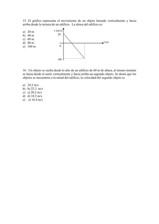 15. El gráfico representa el movimiento de un objeto lanzado verticalmente y hacia
arriba desde la terraza de un edificio. La altura del edificio es:
a) 20 m
b) 40 m
c) 60 m
d) 80 m
e) 160 m
16. Un objeto se suelta desde lo alto de un edificio de 60 m de altura, al mismo instante
se lanza desde el suelo verticalmente y hacia arriba un segundo objeto. Se desea que los
objetos se encuentren a la mitad del edificio, la velocidad del segundo objeto es
a) 24.5 m/s
b) b) 22.3 m/s
c) c) 20.2 m/s
d) d) 18.5 m/s
e) e) 16.4 m/s
v (m/s)
t (s)
0
-60
20
 