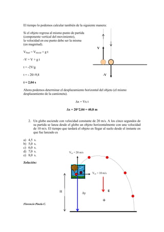 El tiempo lo podemos calcular también de la siguiente manera:
Si el objeto regresa al mismo punto de partida
(componente vertical del movimiento),
la velocidad en ese punto debe ser la misma
(en magnitud).
Vfinal = Vinicial + g t
-V = V + g t
t = -2V/g
t = - 20/-9,8
t = 2,04 s
Ahora podemos determinar el desplazamiento horizontal del objeto (el mismo
desplazamiento de la camioneta).
x = Vx t
x = 20*2,04 = 40,8 m
2. Un globo asciende con velocidad constante de 20 m/s. A los cinco segundos de
su partida se lanza desde el globo un objeto horizontalmente con una velocidad
de 10 m/s. El tiempo que tardará el objeto en llegar al suelo desde el instante en
que fue lanzado es
a) 4,5 s.
b) 5,0 s.
c) 6,0 s.
d) 7,0 s.
e) 8,0 s.
Solución:
Florencio Pinela C.
V
-V
H
Voy = 20 m/s
Vox = 10 m/s
+
y
g
 