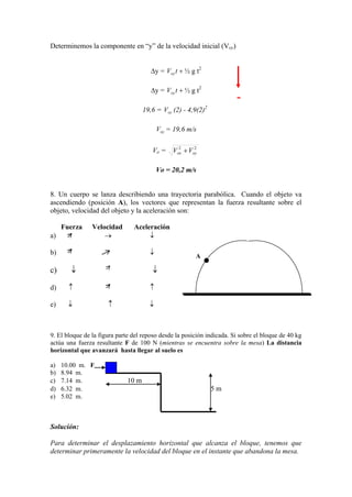 Determinemos la componente en “y” de la velocidad inicial (Voy)
y = tVoy ½ g t2
y = tVoy ½ g t2
19,6 = oyV (2) - 4,9(2)2
oyV = 19,6 m/s
Vo = 22
oyox VV
Vo = 20,2 m/s
8. Un cuerpo se lanza describiendo una trayectoria parabólica. Cuando el objeto va
ascendiendo (posición A), los vectores que representan la fuerza resultante sobre el
objeto, velocidad del objeto y la aceleración son:
Fuerza Velocidad Aceleración
a)
b)
c)
d)
e)
9. El bloque de la figura parte del reposo desde la posición indicada. Si sobre el bloque de 40 kg
actúa una fuerza resultante F de 100 N (mientras se encuentra sobre la mesa) La distancia
horizontal que avanzará hasta llegar al suelo es
a) 10.00 m. F
b) 8.94 m.
c) 7.14 m. 10 m
d) 6.32 m. 5 m
e) 5.02 m.
Solución:
Para determinar el desplazamiento horizontal que alcanza el bloque, tenemos que
determinar primeramente la velocidad del bloque en el instante que abandona la mesa.
A
-
 