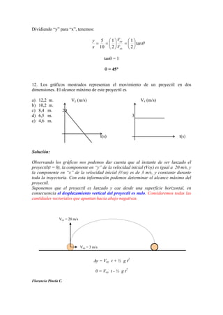 Dividiendo “y” para “x”, tenemos:
tan
2
1
2
1
10
5
ox
oy
V
V
x
y
tan = 1
= 45
12. Los gráficos mostrados representan el movimiento de un proyectil en dos
dimensiones. El alcance máximo de este proyectil es
a) 12,2 m. Vy (m/s) Vx (m/s)
b) 10,2 m.
c) 8,4 m. 20
d) 6,5 m. 3
e) 4,6 m.
t(s) t(s)
Solución:
Observando los gráficos nos podemos dar cuenta que al instante de ser lanzado el
proyectil(t = 0), la componente en “y” de la velocidad inicial (Voy) es igual a 20 m/s, y
la componente en “x” de la velocidad inicial (Vox) es de 3 m/s, y constante durante
toda la trayectoria. Con esta información podemos determinar el alcance máximo del
proyectil.
Suponemos que el proyectil es lanzado y cae desde una superficie horizontal, en
consecuencia el desplazamiento vertical del proyectil es nulo. Consideremos todas las
cantidades vectoriales que apuntan hacia abajo negativas.
y = Voy t + ½ g t2
0 = Voy t - ½ g t2
Florencio Pinela C.
Vox = 3 m/s
Voy = 20 m/s
 