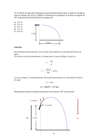 14. El chorro de agua de la manguera en posición horizontal como se indica en la figura,
tiene un alcance de 4.0 m. Cuando el extremo de la manguera se inclina un ángulo de
30º el alcance horizontal del chorro de agua será
a) 4.8 m.
b) 5.4 m.
c) 6.5 m.
d) 7.2 m.
e) 8.0 m.
1.5 m
4.0 m
Solución:
Determinemos primeramente con los datos del problema la velocidad del chorro de
agua.
Si el chorro sale horizontalmente, el tiempo que le toma en llegar al suelo es:
t =
g
h2
t =
8,9
)5,1(2
= 0,55 s
Con este tiempo y el desplazamiento horizontal determinemos la velocidad del chorro
de agua:
Vo = x/t
Vo = 4/0,55 = 7,27 m/s
Determinemos ahora el alcance horizontal con el chorro a 30 de elevación.
Vo
1,5 m
x
Vo Cos30
Vo Sen30
+y
 