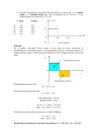 8. El gráfico representa el movimiento de una partícula en línea recta. Si la rapidez
media y la velocidad media para todo el recorrido son de 20 m/s y 5 m/s
respectivamente, los valores de V1 y V2 son:
V1 (m/s) V2(m/s)
a) 15.5 12.3
b) 24.6 22.0
c) 21.5 18.5
d) 18.7 22.5
e) 10.5 15.5
Solución:
En el gráfico velocidad versus tiempo el área bajo la curva representa el
desplazamiento. Velocidad positiva desplazamiento positivo, velocidad negativa
desplazamiento negativo. Recuerde que la distancia es una cantidad escalar y carece de
signo.
El desplazamiento neto será:
s = 10 V1 - 5 V2
La distancia total recorrida será:
d = 10 V1 + 5 V2
Velocidad media = s / t
Rapidez media = d/ t
s / t = 5 = (10 V1 - 5 V2)/15
d/ t = 20 = (10 V1 + 5 V2 )/15
Formamos un sistema de dos ecuaciones con dos incógnitas.
75 = 10 V1 - 5 V2
300 = 10 V1 + 5 V2
Resolviendo este sistema de ecuaciones encontramos: V1 = 18,7 m/s y V2 = 22,5 m/s
1510
V1
V2
v (m/s)
t (s)
Desplazamiento positivo
Desplazamiento negativo
V
t
0
 
