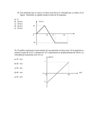29. Una partícula que se mueve en línea recta lleva la velocidad que se indica en la
figura. Determine su rapidez media al cabo de 20 segundos.
a) 0
b) 10 m/s
c) 18 m/s
d) 28 m/s
e) 56 m/s
30. El gráfico representa el movimiento de una partícula en línea recta. Si la partícula se
acelera a razón de 4 m/s2
y durante los 10 s experimenta un desplazamiento de 100 m. La
velocidad de la partícula a los 10 s es
v(m/s)
a) 10 m/s
v
b) 20 m/s
c) 30 m/s
d) 40 m/s t(s)
0 10
e) 50 m/s
vo.
40
0 I0 12 20
-40
V(m/s)
 