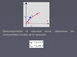 Descomponiendo la velocidad inicial, obtenemos lasDescomponiendo la velocidad inicial, obtenemos las
componentes iniciales de la velocidad:componentes iniciales de la velocidad:
 