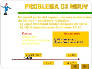 Un móvil parte del reposo con una aceleración
de 20 m/s ² constante. Calcular:
a) ¿Qué velocidad tendrá después de 15 s?.
b) ¿Qué espacio recorrió en esos 15 s?.
Ecuaciones
1) Vf = Vo +- a. t
(2) e = Vo. t +- a. t²/2
Datos:
Saque del
problema y coloque
en el grafico
a = 20 m/s ²
vf = ?
t = 15s
e = ?
 