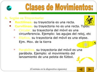 A. Según su Trayectoria:
 Rectilíneo.-su trayectoria es una recta.
 Curvilíneo.-su trayectoria no es una recta. Tipos:
 Circular, su trayectoria del móvil es una
circunferencia. Ejemplo: las agujas del reloj, etc
 Elíptico, su trayectoria del móvil es una elipse.
Ejm. Mov. de la tierra
 Parabólico, su trayectoria del móvil es una
parábola. Ejemplo: el movimiento del
lanzamiento de una pelota de fútbol.

(Continúa en la diapositiva siguiente)
 