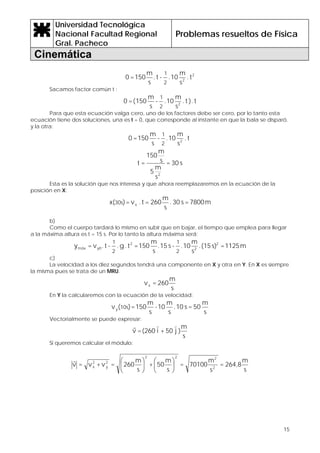 Universidad Tecnológica
Nacional Facultad Regional
Gral. Pacheco
Problemas resueltos de Física
Cinemática
15
2
2
t.
s
m
10.-t.
s
m
150=0
2
1
Sacamos factor común t :
t.)t.
s
m
10.-
s
m
150(=0 2
2
1
Para que esta ecuación valga cero, uno de los factores debe ser cero, por lo tanto esta
ecuación tiene dos soluciones, una es t = 0, que corresponde al instante en que la bala se disparó.
y la otra:
t.
s
m
10.-
s
m
150=0 2
2
1
s30=
s
m
5
s
m
150
=t
2
Esta es la solución que nos interesa y que ahora reemplazaremos en la ecuación de la
posición en X:
m7800=s30.
s
m
260=t.v=)x( x30s
b)
Como el cuerpo tardará lo mismo en subir que en bajar, el tiempo que emplea para llegar
a la máxima altura es t = 15 s. Por lo tanto la altura máxima será:
m1125=s)(15.
s
m
10.-s15.
s
m
150=t.g.-t.v=y 2
2
2
y0máx
2
1
2
1
c)
La velocidad a los diez segundos tendrá una componente en X y otra en Y. En X es siempre
la misma pues se trata de un MRU.
s
m
260=vx
En Y la calcularemos con la ecuación de la velocidad:
s
m
50=s10.
s
m
10-
s
m
150=)(v 10sy
Vectorialmente se puede expresar:
s
m
)j50+i(260=v
((r
Si queremos calcular el módulo:
s
m
264,8=
s
m
70100=
s
m
50+
s
m
260=v+v=v 2
222
2
y
2
x ⎟
⎠
⎞
⎜
⎝
⎛
⎟
⎠
⎞
⎜
⎝
⎛r
 