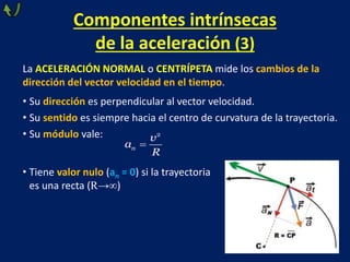 Componentes intrínsecas
de la aceleración (3)
La ACELERACIÓN NORMAL o CENTRÍPETA mide los cambios de la
dirección del vector velocidad en el tiempo.
• Su dirección es perpendicular al vector velocidad.
• Su sentido es siempre hacia el centro de curvatura de la trayectoria.
• Su módulo vale: 2
n
v
a
R

• Tiene valor nulo (an = 0) si la trayectoria
es una recta (R→∞)
 