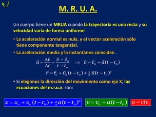 Un cuerpo tiene un MRUA cuando la trayectoria es una recta y su
velocidad varía de forma uniforme.
• La aceleración normal es nula, y el vector aceleración sólo
tiene componente tangencial.
• La aceleración media y la instantánea coinciden.
• Si elegimos la dirección del movimiento como eje X, las
ecuaciones del m.r.u.v. son:
M. R. U. A.


     
 
    
0
0 0
0
2
1
0 0 0 0
2
( )
( ) ( )
v v
v
a v v a t t
t t t
r r v t t a t t
     2
1
0 0 0 0
2
( ) ( )
x x v t t a t t   
0 0
( )
v v a t t  .
a cte
 
