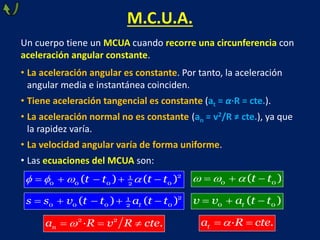 M.C.U.A.
Un cuerpo tiene un MCUA cuando recorre una circunferencia con
aceleración angular constante.
• La aceleración angular es constante. Por tanto, la aceleración
angular media e instantánea coinciden.
• Tiene aceleración tangencial es constante (at = α·R = cte.).
• La aceleración normal no es constante (an = v2/R ≠ cte.), ya que
la rapidez varía.
• La velocidad angular varía de forma uniforme.
• Las ecuaciones del MCUA son:
0
2
0
0
1
2
0 ( ) ( )
t t t t

  
   
 0 0
( )
t t

  
 
· .
t
a R cte

 
2 2
· .
n
a R v R cte

  
0
2
0
0
1
2
0 ( ) ( )
t
s s v t t
t a t
 
   0
0 ( )
t
v a t t
v  

 