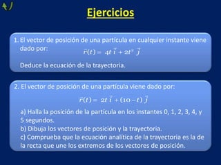 Ejercicios
1.El vector de posición de una partícula en cualquier instante viene
dado por:
Deduce la ecuación de la trayectoria.
  2
( ) 4 2
r t t i t j
2. El vector de posición de una partícula viene dado por:
a) Halla la posición de la partícula en los instantes 0, 1, 2, 3, 4, y
5 segundos.
b) Dibuja los vectores de posición y la trayectoria.
c) Comprueba que la ecuación analítica de la trayectoria es la de
la recta que une los extremos de los vectores de posición.
  
( ) 2 (10 )
r t t i t j
 