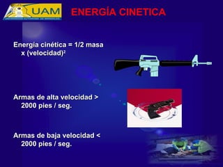 Energía cinética = 1/2 masa
Energía cinética = 1/2 masa
x (velocidad)
x (velocidad)2
2
Armas de alta velocidad >
Armas de alta velocidad >
2000 pies / seg.
2000 pies / seg.
Armas de baja velocidad <
Armas de baja velocidad <
2000 pies / seg.
2000 pies / seg.
ENERGÍA CINETICA
 