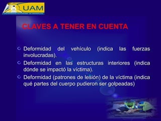 Deformidad del vehículo (indica las fuerzas
Deformidad del vehículo (indica las fuerzas
involucradas).
involucradas).
Deformidad en las estructuras interiores (indica
Deformidad en las estructuras interiores (indica
dónde se impactó la víctima).
dónde se impactó la víctima).
Deformidad (patrones de lesión) de la víctima (indica
Deformidad (patrones de lesión) de la víctima (indica
qué partes del cuerpo pudieron ser golpeadas)
qué partes del cuerpo pudieron ser golpeadas)
CLAVES A TENER EN CUENTA
 