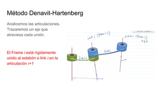 Método Denavit-Hartenberg
Analicemos las articulaciones.
Trazaremos un eje que
atraviesa cada unión.
El Frame i está rígidamente
unido al eslabón o link i en la
articulación i+1
 