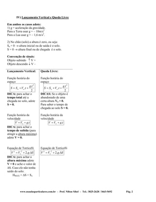 www.nsaulasparticulares.com.br – Prof. Nilton Sihel – Tel.: 3825-2628 / 3663-5692 Pág. 2
IV) Lançamento Vertical e Queda Livre
Em ambos os casos adote:
1) g = aceleração da gravidade.
Para a Terra usar g = – 10m/s2
Para a Lua usar g = – 1,6 m/s2
.
2) No chão (solo) a altura é zero, ou seja:
So = 0  altura inicial ou de saída é o solo.
S = 0  altura final ou de chegada é o solo.
Convenção de sinais:
Objeto subindo  V +
Objeto descendo  V –
Lançamento Vertical:
Função horária do
espaço
2
.
.
2
tg
tVSS oo 
DICA: para achar o
tempo total até a
chegada no solo, adote
S = 0.
Função horária da
velocidade
tgVV o .
DICA: para achar o
tempo de subida (para
atingir a altura máxima)
adote V = 0.
Equação de Torricelli
SgVV o  ..2
22
DICA: para achar a
altura máxima adote
V = 0 e ache o valor de
S. Caso ele não tenha
saído do solo:
HMAX = S + So
Queda Livre:
Função horária do
espaço
2
.
.
2
tg
tVSS oo 
DICAS: Se o objeto é
abandonado de uma
certa altura Vo = 0.
Para saber o tempo de
chegada ao solo S = 0.
Função horária da
velocidade
tgVV o .
Equação de Torricelli
SgVV o  ..2
22
 