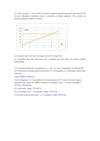 14.1) No instante t = 0 um móvel A está em repouso quando passa por ela outro móvel
B com velocidade constante como é mostrado na figura seguinte. Eles correm na
mesma trajetória retilínea. Calcule:




a) o instante que o móvel A alcança o móvel B (resp: 8 s);
b) a distância que eles percorrem até o instante que eles estão na mesma posição
(resp:320m) .


15) A função horária de uma partícula é v = 50 + at e em 15 segundos ele alcança 200
m/s. Determine a distância percorrida entre 10 e 30 segundos e a velocidade média neste
intervalo.
( resp: 5000 m; 250 m/s)
16) No diagrama v x t cujo gráfico forma um ângulo de 30º com o eixo dos tempos,
uma partícula realiza um MRUV durante 15 segundos. Em t = 0 a sua velocidade é
10√3 m/s. Determine:
a) a aceleração (resp: √3/3 m/s2);
b) a velocidade em t = 15 segundos (resp: 15√3 m/s);
c) a distância percorrida entre 3 e 21 segundos (resp: 252√3 m).
 