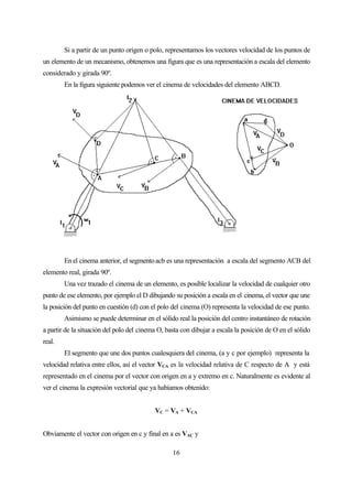 Si a partir de un punto origen o polo, representamos los vectores velocidad de los puntos de
un elemento de un mecanismo, obtenemos una figura que es una representación a escala del elemento
considerado y girada 90º.
        En la figura siguiente podemos ver el cinema de velocidades del elemento ABCD.




        En el cinema anterior, el segmento acb es una representación a escala del segmento ACB del
elemento real, girada 90º.
        Una vez trazado el cinema de un elemento, es posible localizar la velocidad de cualquier otro
punto de ese elemento, por ejemplo el D dibujando su posición a escala en el cinema, el vector que une
la posición del punto en cuestión (d) con el polo del cinema (O) representa la velocidad de ese punto.
        Asimismo se puede determinar en el sólido real la posición del centro instantáneo de rotación
a partir de la situación del polo del cinema O, basta con dibujar a escala la posición de O en el sólido
real.
        El segmento que une dos puntos cualesquiera del cinema, (a y c por ejemplo) representa la
velocidad relativa entre ellos, así el vector VCA es la velocidad relativa de C respecto de A y está
representado en el cinema por el vector con origen en a y extremo en c. Naturalmente es evidente al
ver el cinema la expresión vectorial que ya habíamos obtenido:


                                           VC = VA + VCA


Obviamente el vector con origen en c y final en a es VAC y

                                                  16
 