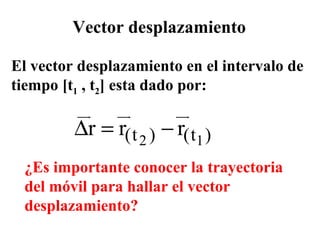 Vector desplazamiento El vector desplazamiento en el intervalo de tiempo [t 1  , t 2 ] esta dado por: ¿Es importante conocer la trayectoria del móvil para hallar el vector desplazamiento? 