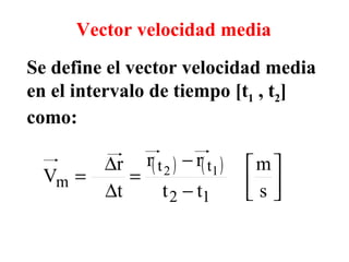 Vector velocidad media Se define el vector velocidad media en el intervalo de tiempo [t 1  , t 2 ] como: 