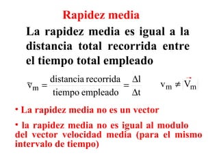Rapidez media La rapidez media es igual a la distancia total recorrida entre el tiempo total empleado La rapidez media no es un vector la rapidez media no es igual al modulo  del vector velocidad media (para el mismo intervalo de tiempo) 