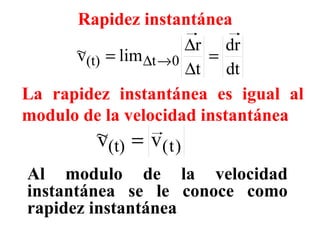 Rapidez instantánea La rapidez instantánea es igual al modulo de la velocidad instantánea Al modulo de la velocidad instantánea se le conoce como rapidez instantánea 