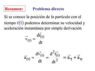 Resumen: Si se conoce la posición de la partícula con el tiempo  r(t)  podemos determinar su velocidad y aceleración instantánea por simple derivación Problema directo 