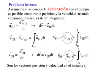 Así mismo si se conoce la  aceleración  con el tiempo es posible encontrar la posición y la velocidad  usando el camino inverso, es decir integrando:  Son los vectores posición y velocidad en el instante t o Problema inverso 