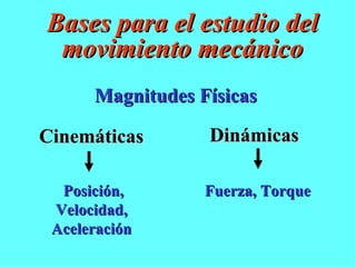 Bases para el estudio del movimiento mecánico Magnitudes Físicas  Cinemáticas   Posición, Velocidad,  Aceleración  Dinámicas  Fuerza, Torque  