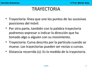 Karmelo Ikastetxea

© Prof. Marian Sola

TRAYECTORIA
• Trayectoria: línea que une los puntos de las sucesivas
posiciones del móvil.
• Por otra parte, también con la palabra trayectoria
podremos expresar o indicar la dirección que ha
tomado algo o alguien con su movimiento.
• Trayectoria: Curva descrita por la partícula cuando se
mueve. Las trayectorias pueden ser rectas o curvas.
• Distancia recorrida (s): Es la medida de la trayectoria.

4.DBH

6

 