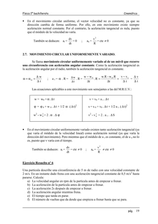 Física 1º bachillerato Cinemática
pág. 19
• En el movimiento circular uniforme, el vector velocidad no es constante, ya que su
dirección cambia de forma uniforme. Por ello, en este movimiento existe siempre
aceleración normal constante. Por el contrario, la aceleración tangencial es nula, puesto
que el módulo de la velocidad no varía.
También se deducen: at =
dt
dv
= 0 ; an =
R
v2
= cte ≠ 0
2.7. MOVIMIENTO CIRCULAR UNIFORMEMENTE VARIADO.
Se llama movimiento circular uniformemente variado al de un móvil que recorre
una circunferencia con aceleración angular constante. Como la aceleración tangencial es
la aceleración angular por el radio, también la aceleración tangencial es constante.
t
w
m
∆
∆
=
α
=
α ; a t = α . R =
t
w
∆
∆
. R = =
∆
=
∆
−
t
R
.
w
-
w.R
R
.
t
w
w 0
0
t
v
v o
∆
−
=
t
v
∆
∆
Las ecuaciones aplicables a este movimiento son semejantes a las del M.R.U.V.:
w = w0 + α. ∆ t v = v0 + a t . ∆ t
ϕ = ϕ 0 + w 0 . ∆ t + 1/2 α .( ∆ t)2
s = s 0 + v0 .∆ t + 1/2 a t .( ∆ t)2
w2
- w 2
0 = 2 . α . ∆ ϕ v2
- v 2
0 = 2 . a t . ∆ S
• En el movimiento circular uniformemente variado existen tanto aceleración tangencial (ya
que varía el módulo de la velocidad lineal) como aceleración normal (ya que varía la
dirección del movimiento). Pero mientras que el módulo de a t es constante, el de a n no lo
es, puesto que v varía con el tiempo.
También se deducen: at =
dt
dv
= cte ≠ 0 ; an =
R
v2
≠ cte ≠ 0
Ejercicio Resuelto nº 6
Una partícula describe una circunferencia de 5 m de radio con una velocidad constante de
2 m/s. En un instante dado frena con una aceleración tangencial constante de 0,5 m/s2
hasta
pararse. Calcula:
a) La velocidad angular en rpm de la partícula antes de empezar a frenar.
b) La aceleración de la partícula antes de empezar a frenar.
c) La aceleración 2s después de empezar a frenar.
d) La aceleración angular mientras frena.
e) El tiempo que tarda en parar.
f) El número de vueltas que da desde que empieza a frenar hasta que se para.
 