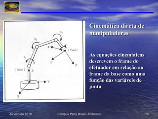 Cinemática direta de manipuladores As equações cinemáticas descrevem o frame do efetuador em relação ao frame da base como uma função das variáveis de junta 