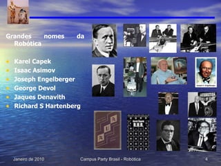 Grandes nomes da Robótica Karel Capek  Isaac Asimov Joseph Engelberger George Devol Jaques Denavith Richard S Hartenberg 