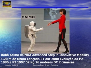 Robô Asimo HONDA Advanced Step in Innovative Mobility 1,20 m de altura Lançado 31 out 2000 Evolução do P2 1996 e P3 1997 52 Kg 26 motores DC 2 câmeras 