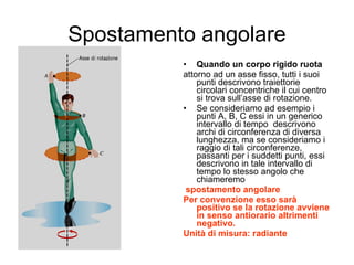 Spostamento angolare Quando un corpo rigido ruota attorno ad un asse fisso, tutti i suoi punti descrivono traiettorie circolari concentriche il cui centro si trova sull’asse di rotazione. Se consideriamo ad esempio i punti A, B, C essi in un generico intervallo di tempo  descrivono archi di circonferenza di diversa lunghezza, ma se consideriamo i raggio di tali circonferenze, passanti per i suddetti punti, essi descrivono in tale intervallo di tempo lo stesso angolo che chiameremo spostamento   angolare  Per convenzione esso sarà positivo se la rotazione avviene in senso antiorario altrimenti negativo. Unità di misura: radiante 