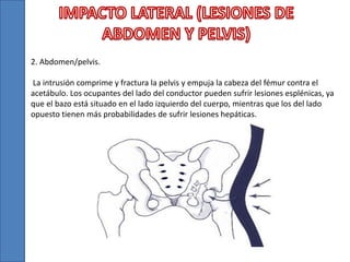 2. Abdomen/pelvis.
La intrusión comprime y fractura la pelvis y empuja la cabeza del fémur contra el
acetábulo. Los ocupantes del lado del conductor pueden sufrir lesiones esplénicas, ya
que el bazo está situado en el lado izquierdo del cuerpo, mientras que los del lado
opuesto tienen más probabilidades de sufrir lesiones hepáticas.
 