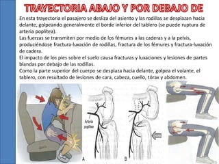 En esta trayectoria el pasajero se desliza del asiento y las rodillas se desplazan hacia
delante, golpeando generalmente el borde inferior del tablero (se puede ruptura de
arteria poplítea).
Las fuerzas se transmiten por medio de los fémures a las caderas y a la pelvis,
produciéndose fractura-luxación de rodillas, fractura de los fémures y fractura-luxación
de cadera.
El impacto de los pies sobre el suelo causa fracturas y luxaciones y lesiones de partes
blandas por debajo de las rodillas.
Como la parte superior del cuerpo se desplaza hacia delante, golpea el volante, el
tablero, con resultado de lesiones de cara, cabeza, cuello, tórax y abdomen.

 