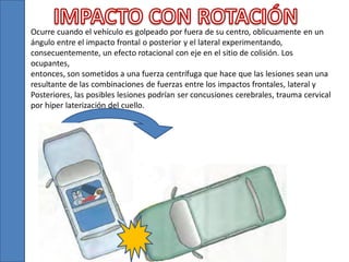 Ocurre cuando el vehículo es golpeado por fuera de su centro, oblicuamente en un
ángulo entre el impacto frontal o posterior y el lateral experimentando,
consecuentemente, un efecto rotacional con eje en el sitio de colisión. Los
ocupantes,
entonces, son sometidos a una fuerza centrífuga que hace que las lesiones sean una
resultante de las combinaciones de fuerzas entre los impactos frontales, lateral y
Posteriores, las posibles lesiones podrían ser concusiones cerebrales, trauma cervical
por híper laterización del cuello.

 