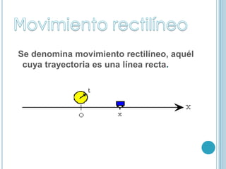 Se denomina movimiento rectilíneo, aquél
 cuya trayectoria es una línea recta.
 