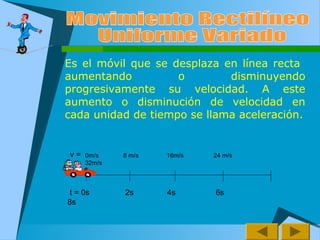 Es el móvil que se desplaza en línea recta
aumentando o disminuyendo
progresivamente su velocidad. A este
aumento o disminución de velocidad en
cada unidad de tiempo se llama aceleración.
v =
t = 0s 2s 4s 6s
8s
0m/s 8 m/s 16m/s 24 m/s
32m/s
 