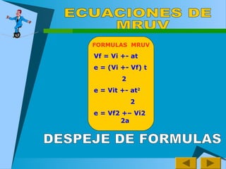 Vf = Vi +- at
e = (Vi +- Vf) t
2
e = Vit +- at2
2
e = Vf2 +– Vi2
2a
FORMULAS MRUV
 