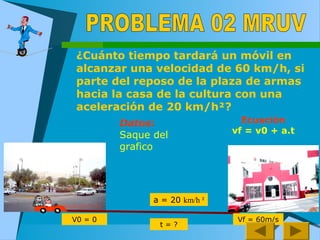 ¿Cuánto tiempo tardará un móvil en
alcanzar una velocidad de 60 km/h, si
parte del reposo de la plaza de armas
hacia la casa de la cultura con una
aceleración de 20 km/h²?
Ecuación
vf = v0 + a.t
V0 = 0
t = ?
a = 20 km/h ²
Vf = 60m/s
Datos:
Saque del
grafico
 