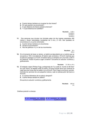 P á g i n a 13 | 24
a. Cuanto tiempo tardaran en cruzarse los dos trenes?
b. En qué posición se encontrarán?
c. A qué distancia de Girona estarán entonces?
d. Y a qué distancia de Castellón?
Resultado: 7.200 s
216.000 m
216.000 m
144.000 m
11. Dos personas que circulan con bicicleta salen de dos lugares separados 400
metros y llevan velocidades constantes de 5 m/s y 3 m/s. Han quedado en
encontrarse en un punto entremedio.
a. Cuanto tiempo tardaran en encontrarse.
b. Donde se encontrarán?
c. Haz las gráficas v-t y x-t de los movimientos.
Resultado: 50 s
250 m
12. En el momento de hacer un atraco, un ladrón es descubierto por un policía que se
encuentra a 100 m de distancia. El ladrón sale corriendo a 18 km/h mientras que
el policía lo persigue a 27 km/h. El ladrón tiene un cómplice con una moto a 300 m
de distancia. Podrá el policía coger al ladrón? Encuentra la solución numérica y
gráficamente.
Resultado: Sí, 300 m y 40 s
13. El intrépido viajero Phileas Fogg, protagonista de "La vuelta al mundo en 80 días"
de Julio Verne, ha llegado tarde al puerto. El buque donde tenía que continuar el
viaje hace dos horas que ha salido y va a 40 km/h. Pero Fogg no se da por vencido.
Contrata los servicios de una pequeña motora y sale en persecución del barco a
50 km/h.
a. A cuantos kilómetros de la costa lo atrapará?
b. Cuanto tiempo tardará en pillarlo?
Encuentra la solución numérica y gráficamente.
Resultado: 400 km
8 h
Graficas posición vs tiempo.
Si el movimiento es uniforme,
la gráfica es una recta
Si el movimiento es acelerado,
la gráfica es una curva
 