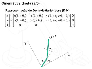 Cinemática direta (2/5)
  Representação de Denavit-Hartenberg (D-H):
   x  c(θ1 + θ2 ) − s(θ1 + θ2 ) r1 c θ1 + r2 c(θ1 + θ2 ) 0
   y  = s(θ + θ ) c(θ + θ ) r s θ + r s(θ + θ ) 0
     1         2      1    2     1    1    2    1    2
                                                            
   1 
            0           0                   1             1
                                                            



                                              (x,y)

                   y
                                        r2    θ2
                                                           x
                                   r1        θ1
 