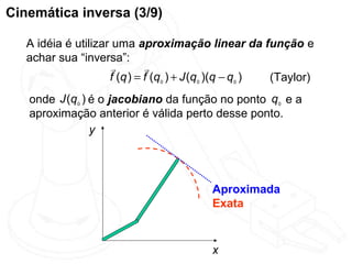 Cinemática inversa (3/9)

   A idéia é utilizar uma aproximação linear da função e
   achar sua “inversa”:
                             
                     f (q ) = f (q0 ) + J (q0 )(q − q0 ) (Taylor)
   onde J (q0 ) é o jacobiano da função no ponto q0 e a
   aproximação anterior é válida perto desse ponto.
                y




                                           Aproximada
                                           Exata


                                           x
 