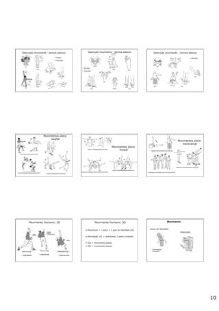 10
Descrição movimento - termos básicos
* Flexão
* Extensão
Descrição movimento - termos básicos
* Adução
* Abdução
Descrição movimento - termos básicos
•  Rotação
Movimentos plano
sagital
Movimentos plano
frontal
Movimentos plano
transversal
Movimento Humano: 3D
* vista lateral
* vista de trás
* vista de cima
Movimento Humano: 3D
•  Movimento = 1 plano = 1 grau de liberdade (GL)
•  Articulação 1GL = movimento 1 plano (uniaxial)
•  2GL = movimento biaxial
•  3GL = movimento triaxial
Movimento
Graus de liberdade
Restrições
3 translações
3 rotações
 